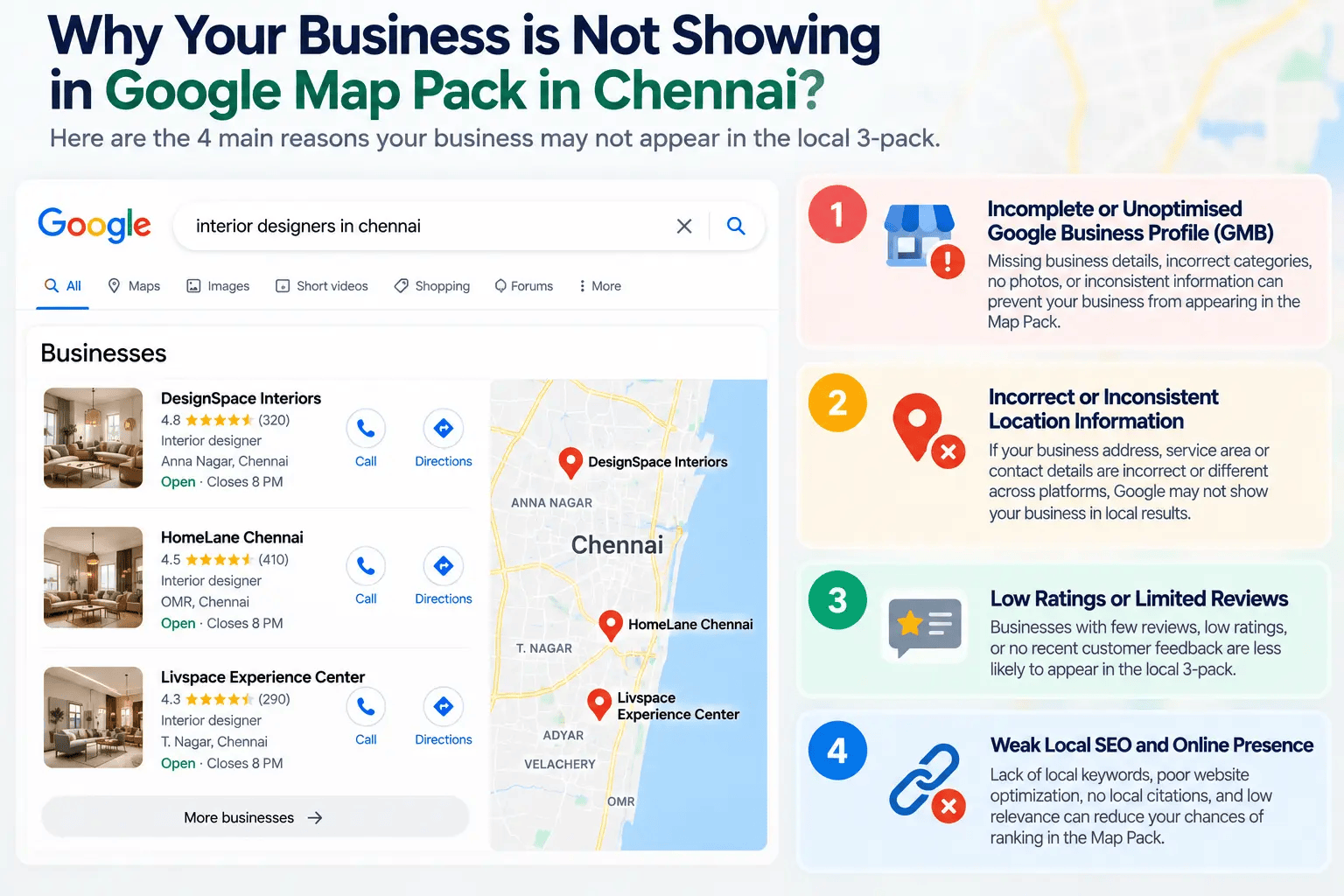 Business not showing in Google Map Pack in Chennai: the four main reasons shown beside a local three-pack