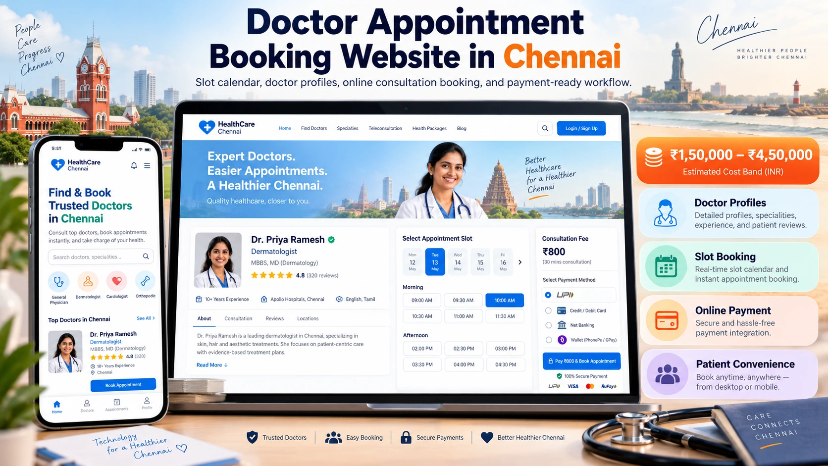 Doctor appointment booking website in Chennai showing a slot calendar, doctor profile, and online payment with an INR cost band