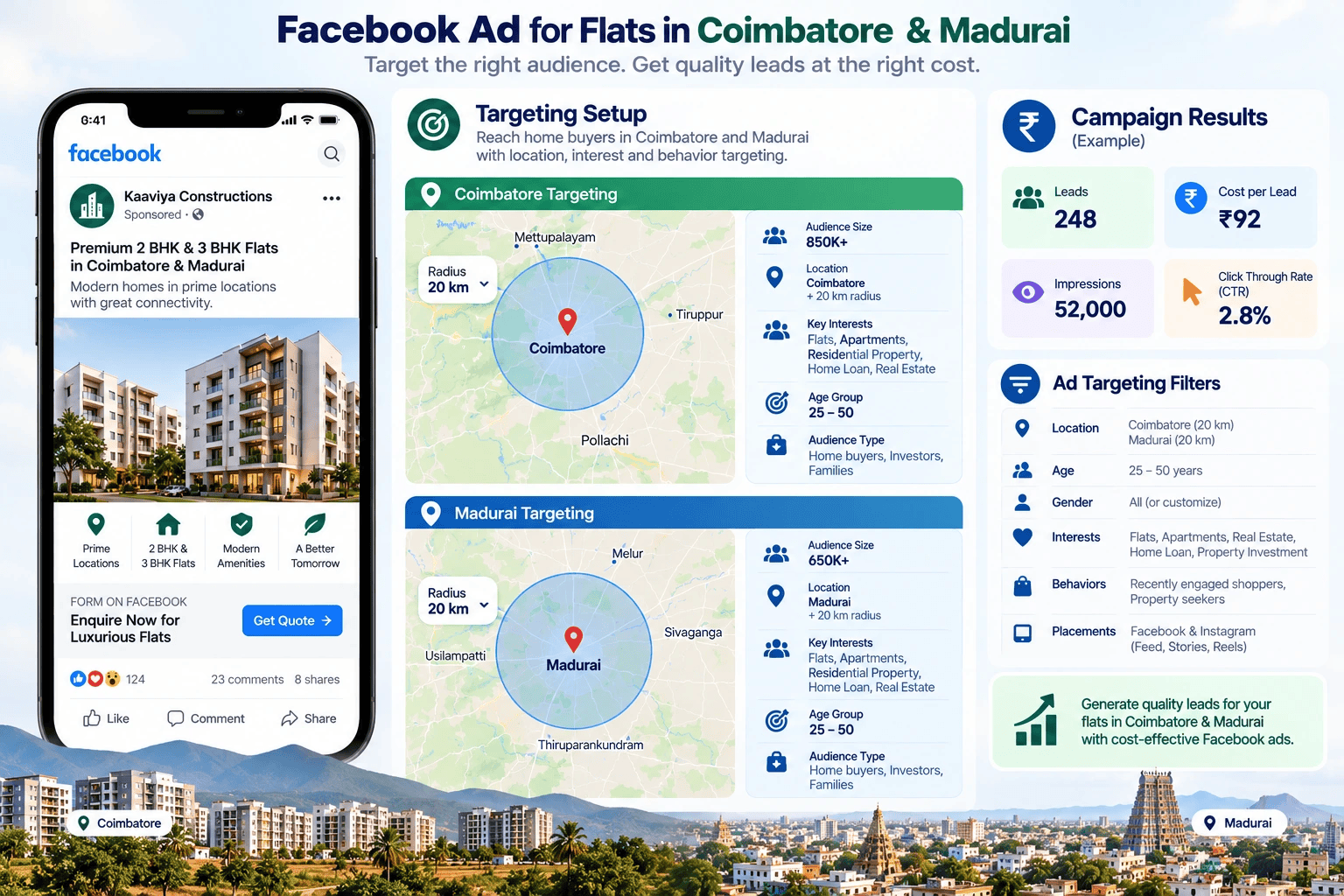 Facebook ad targeting for selling flats in Coimbatore and Madurai shown as a lead-form ad with a map targeting radius and INR cost per lead