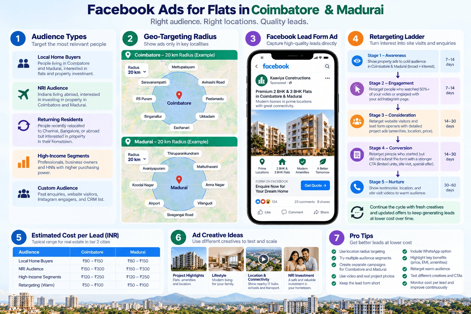 Facebook ad audience types, lead form, and a retargeting ladder for selling flats in Coimbatore and Madurai