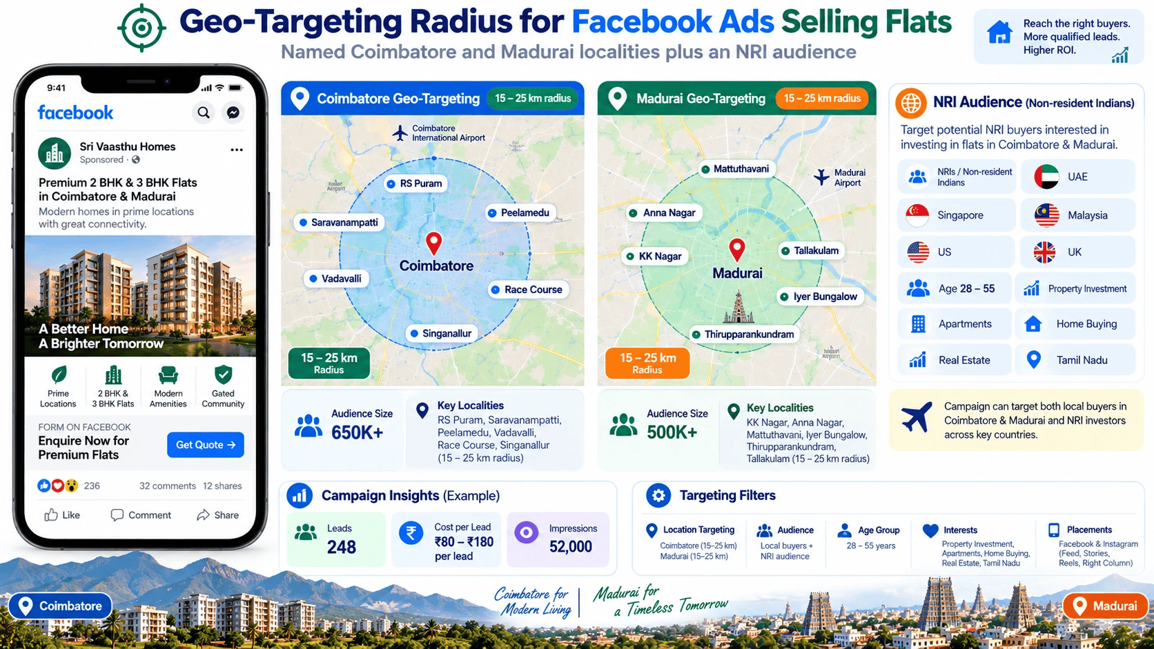 Geo-targeting radius for facebook ads selling flats with named Coimbatore and Madurai localities and an NRI audience