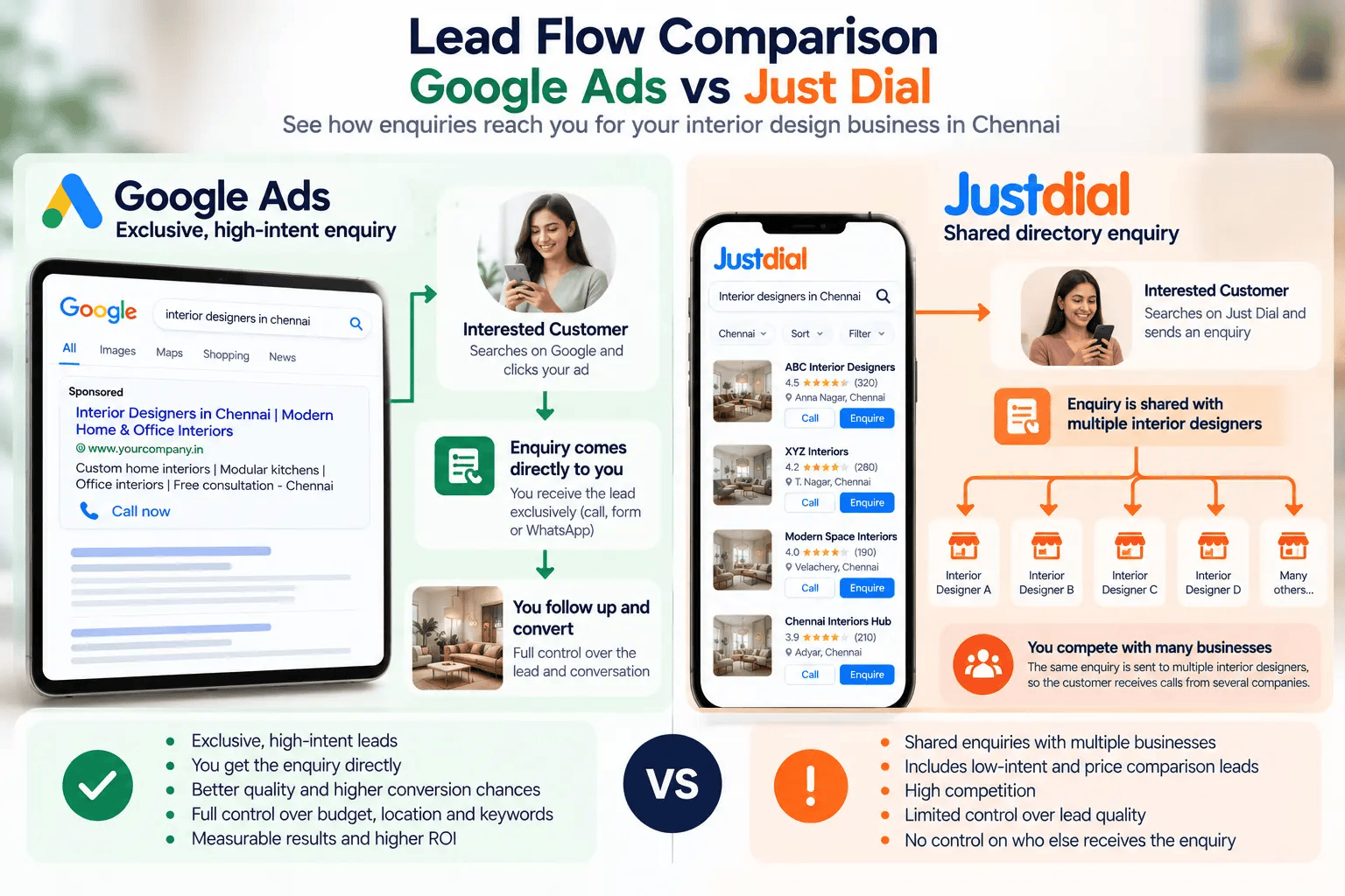 Lead flow comparison: a Google Ads exclusive enquiry versus a Just Dial shared enquiry sent to several interior designers