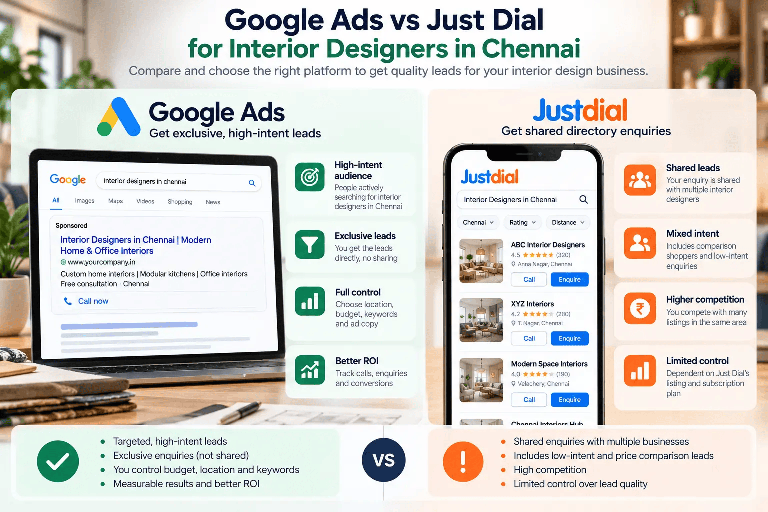 Google Ads vs Just Dial for Chennai interior designers showing exclusive high-intent leads versus shared directory enquiries