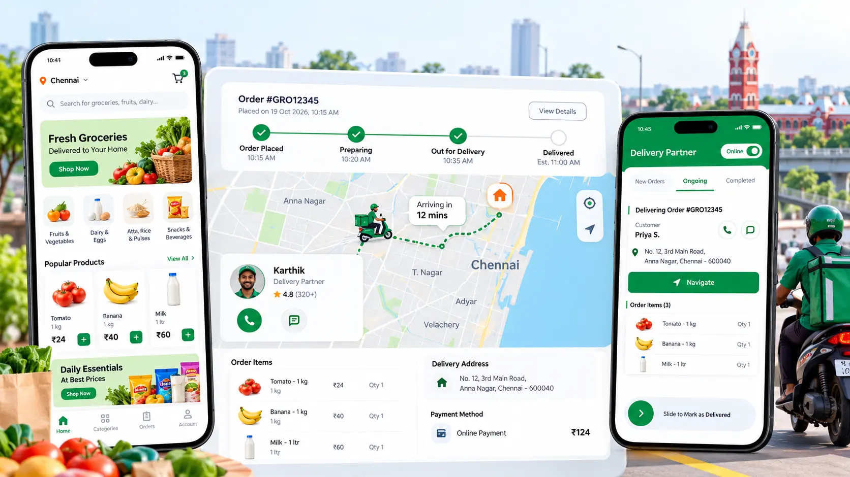 Live order tracking screen and delivery partner app for a Chennai grocery delivery app