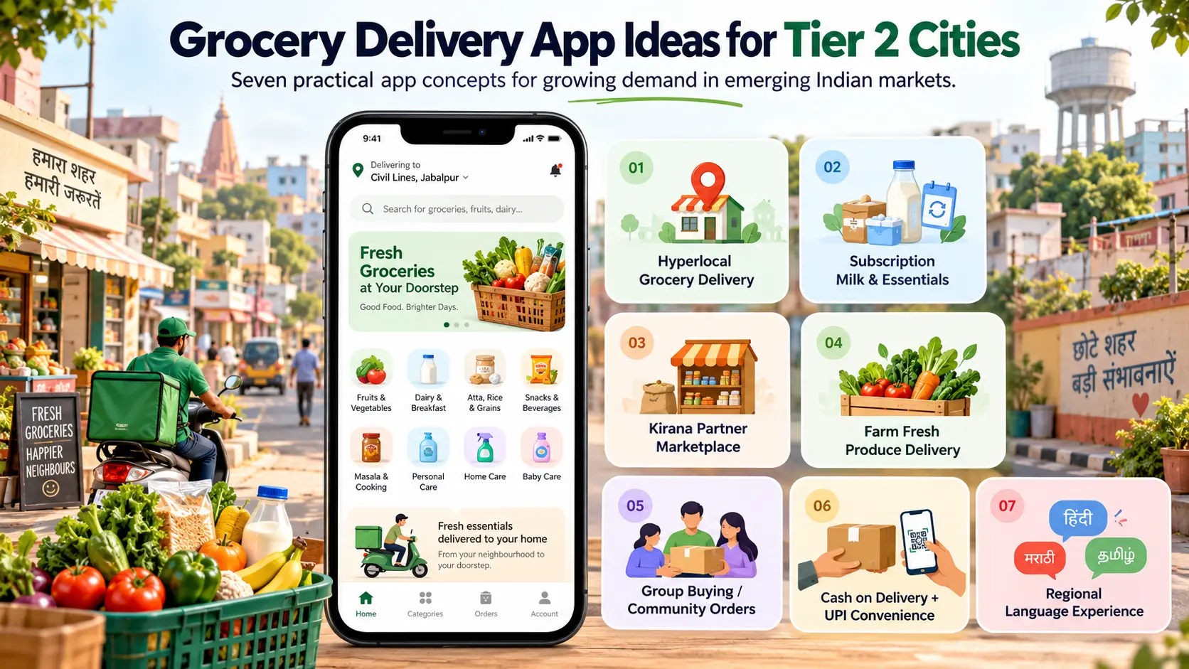 Grocery delivery app ideas for tier 2 cities shown as seven idea tiles on a phone over a small-city skyline