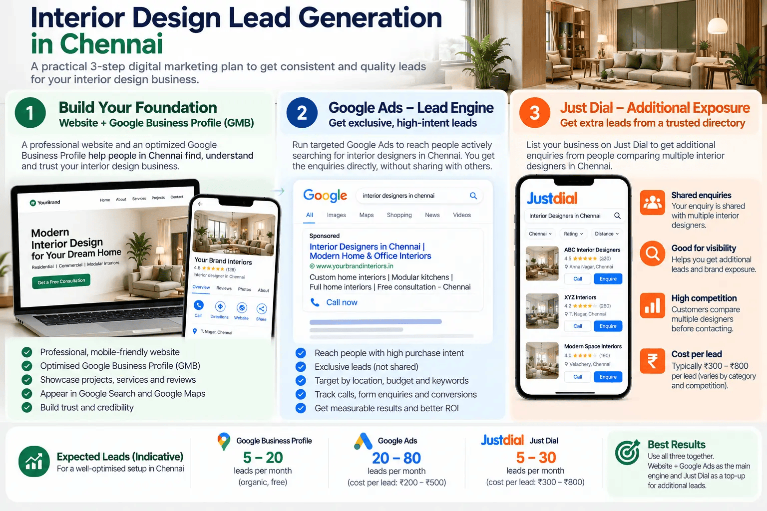 Interior design lead generation in Chennai: website and Google Business Profile foundation, Google Ads engine, Just Dial top-up with cost per lead note