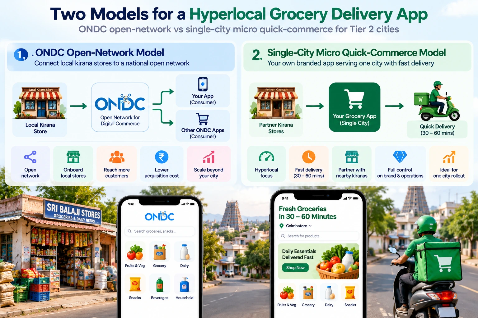 ONDC open-network and single-city micro quick-commerce model for a hyperlocal grocery delivery app in a tier 2 city
