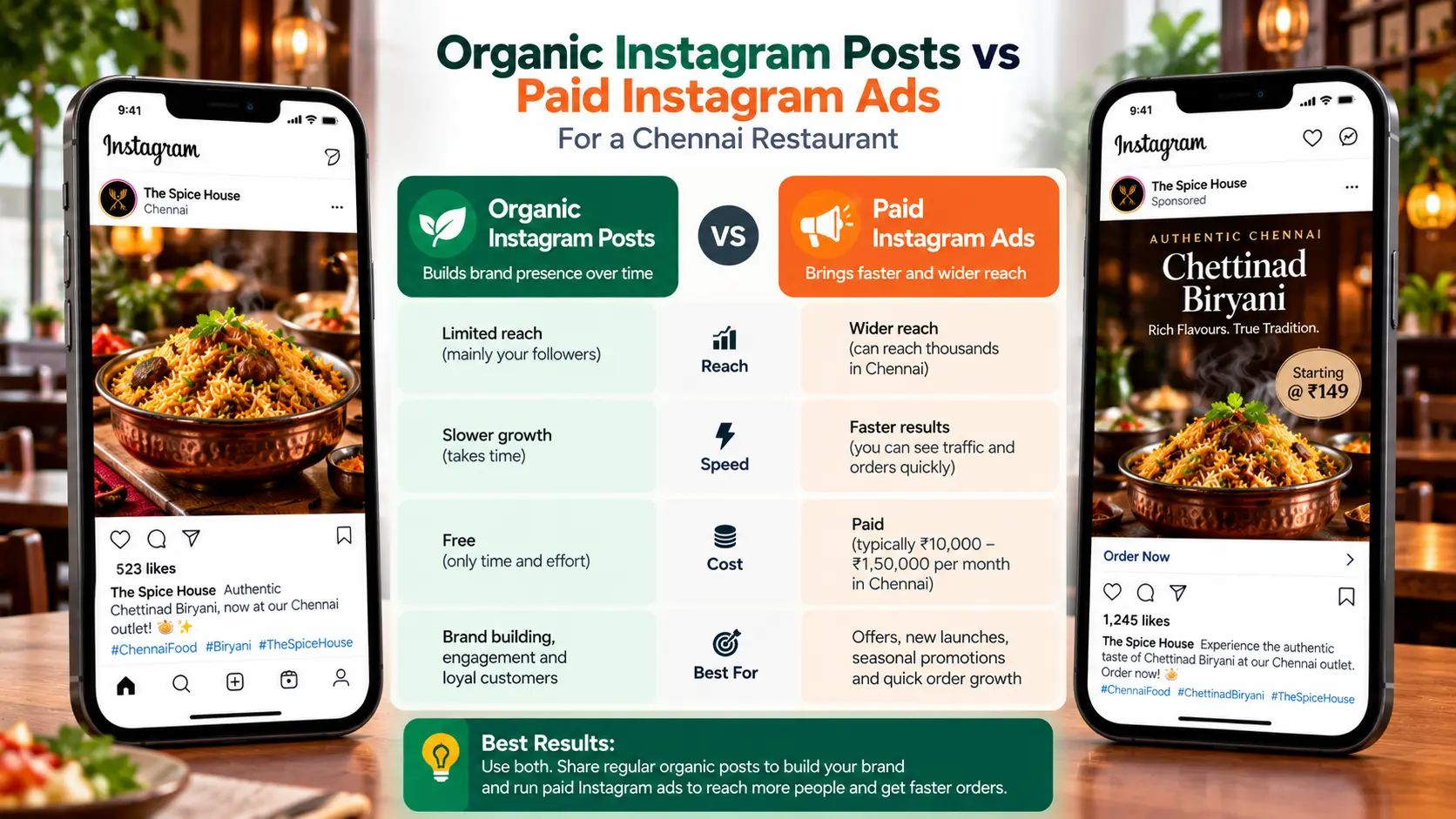 Organic Instagram posts versus paid Instagram ads for a Chennai restaurant compared by reach, speed and cost
