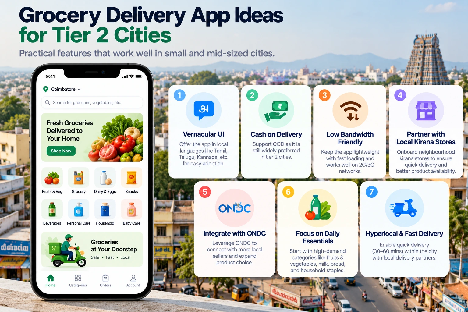 What grocery delivery app ideas for tier 2 cities share: vernacular UI, cash on delivery, low bandwidth, kirana and ONDC