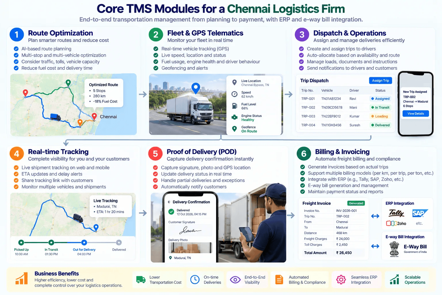 Core TMS modules: route optimization, fleet and GPS telematics, dispatch, proof of delivery, real-time tracking, and billing with ERP and e-way bill integration