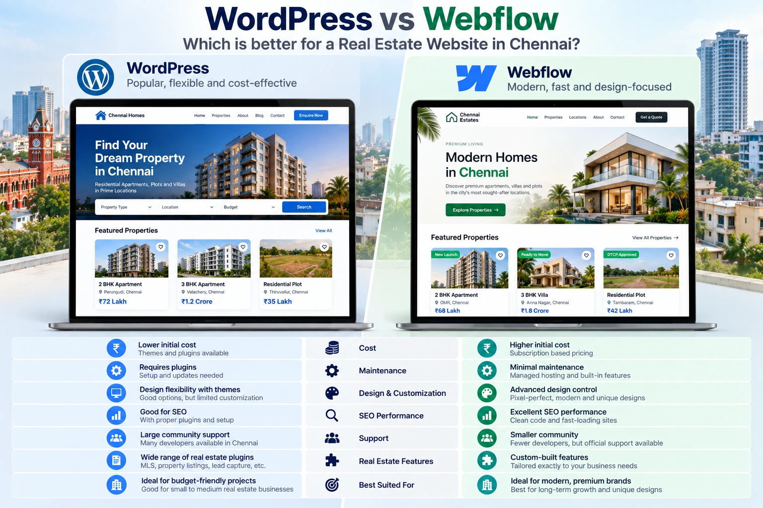 WordPress vs Webflow real estate website Chennai split-screen comparison with property listing cards